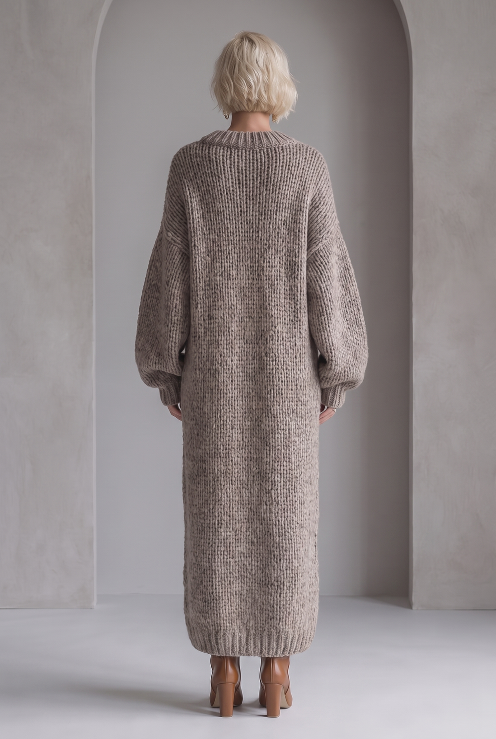 Khaki knitted maxi dress with long sleeves - back view