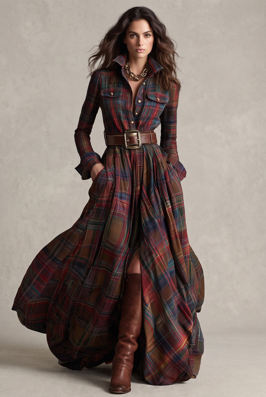 Checked midi shirt dress in red