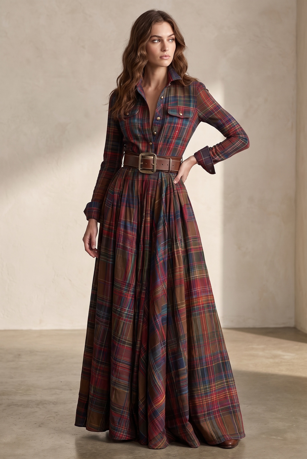 Plaid belted shirt dress in red