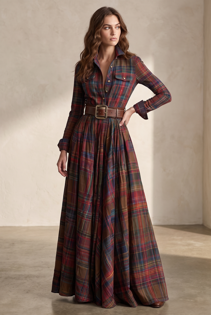 Plaid belted shirt dress in red