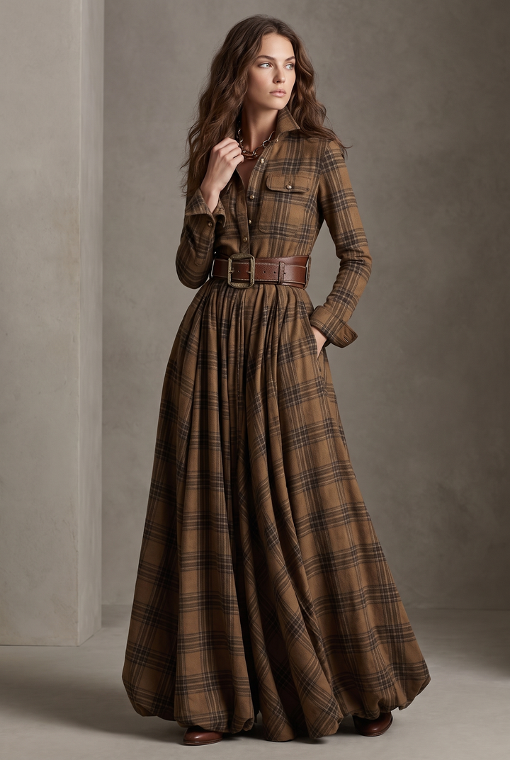 Checked midi shirt dress in brown