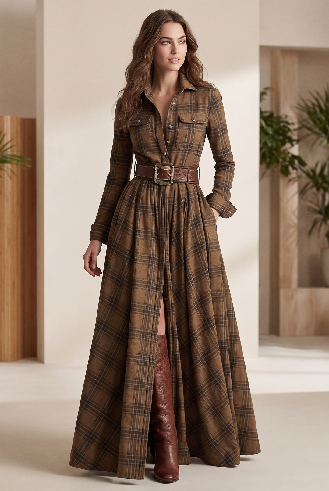 Plaid belted shirt dress in brown