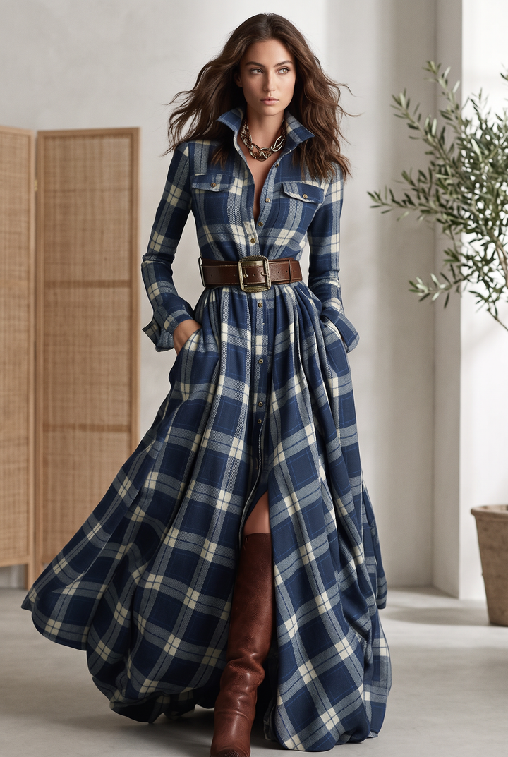 Checked midi shirt dress in blue