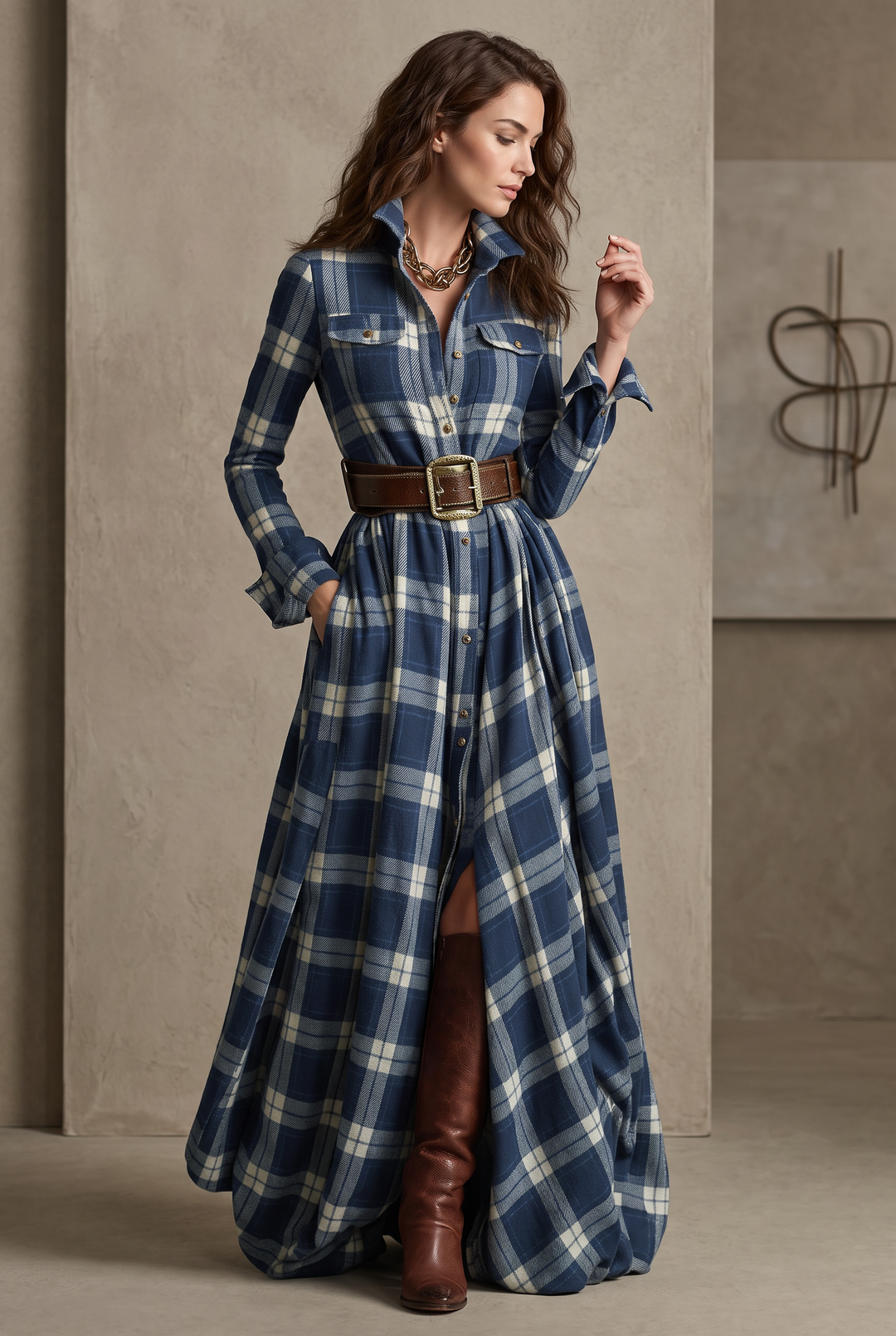 Plaid belted shirt dress in blue