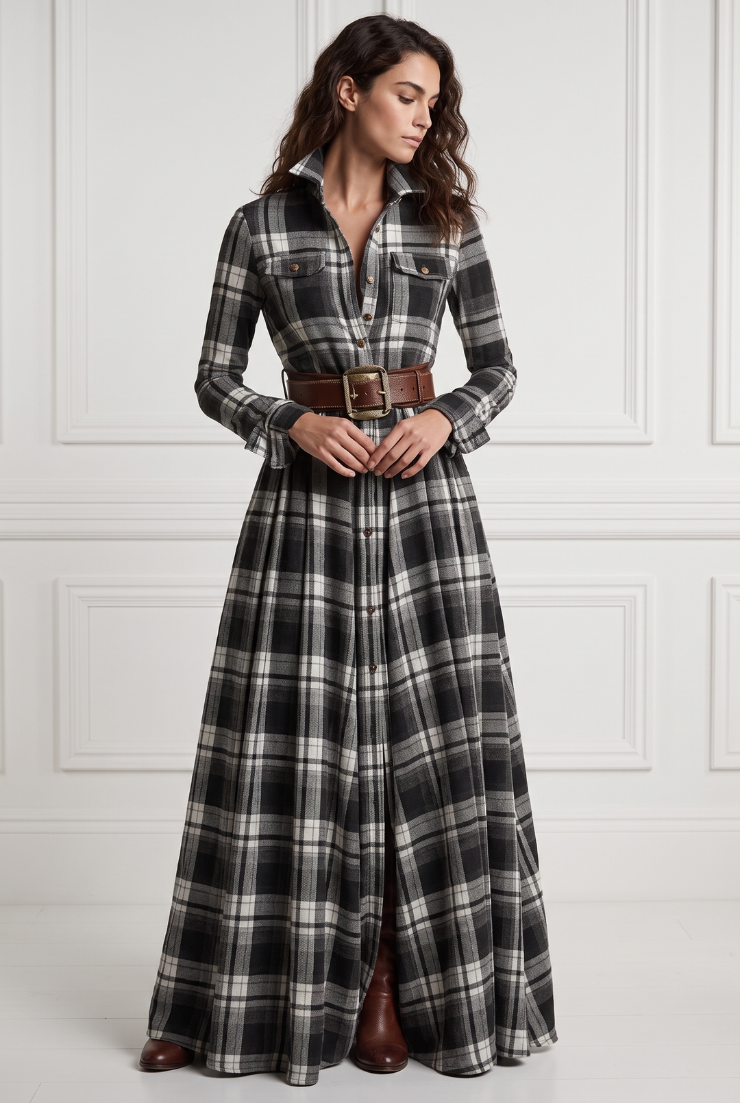 Plaid belted shirt dress in black