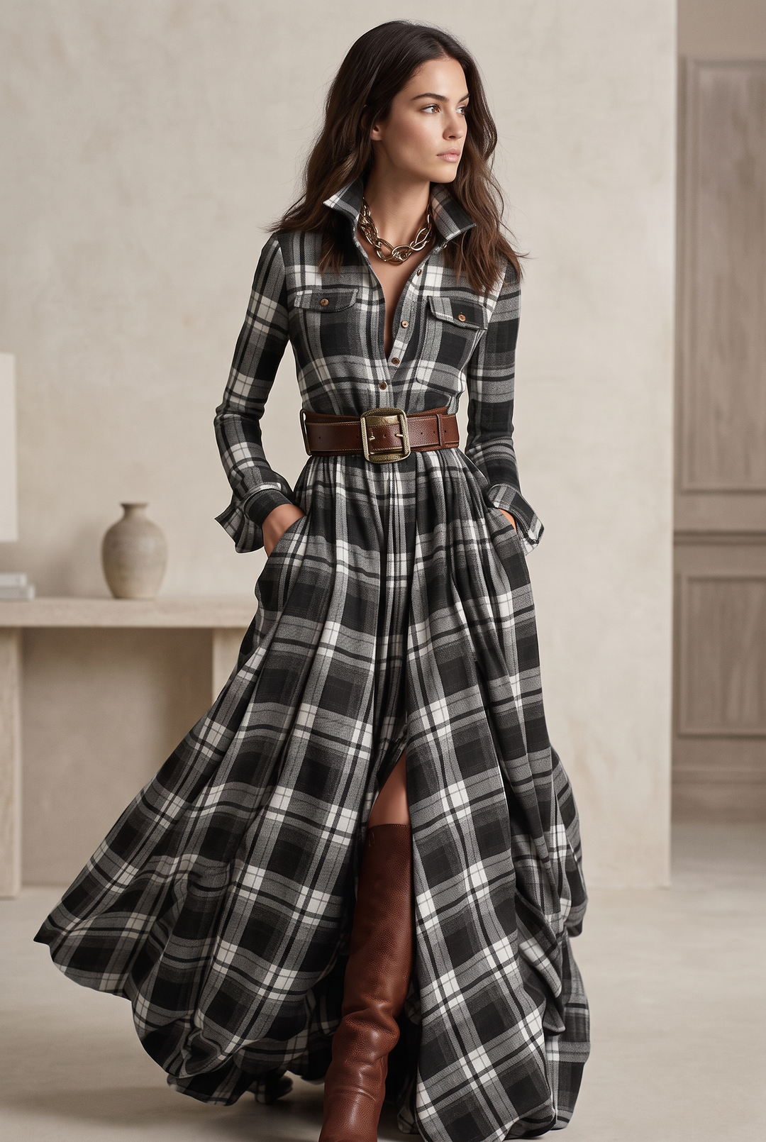 Checked midi shirt dress in black