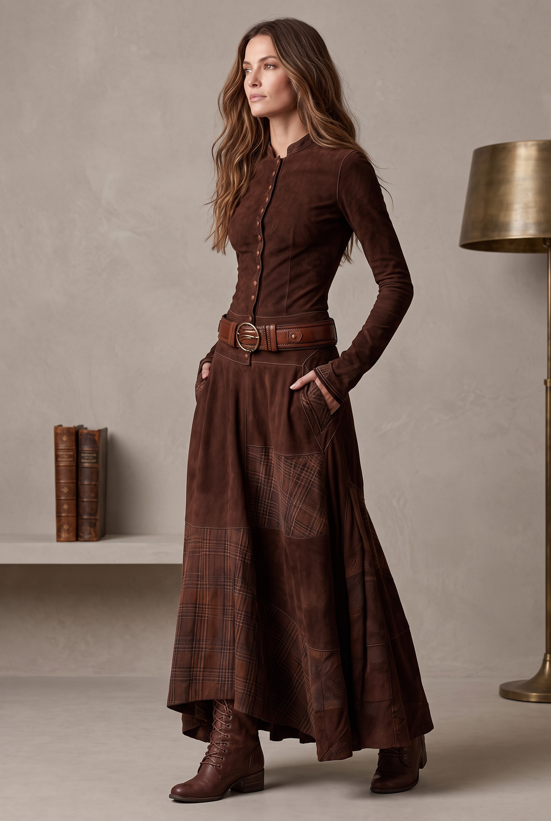 Faux suede check long dress in brown