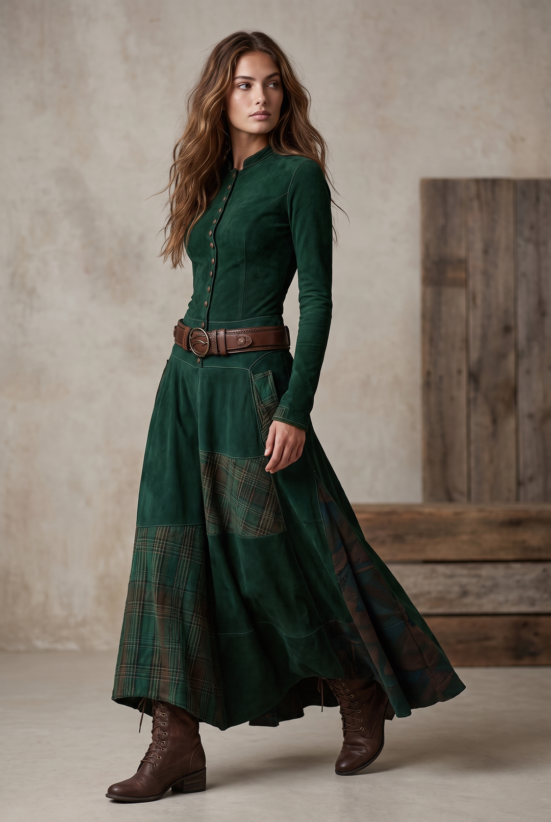 Faux suede check long dress in green