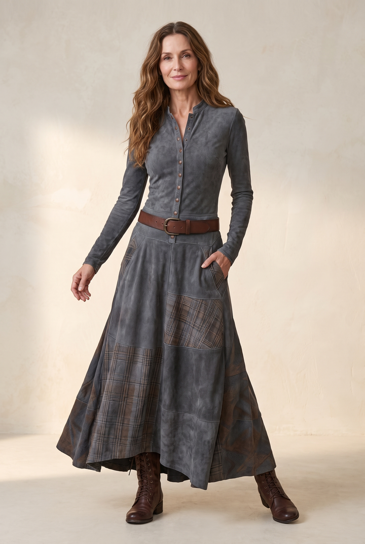 Faux suede check long dress in gray