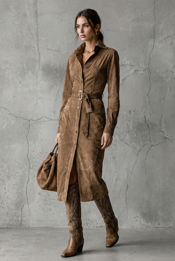 Brown suede lapel long sleeve midi dress - front view