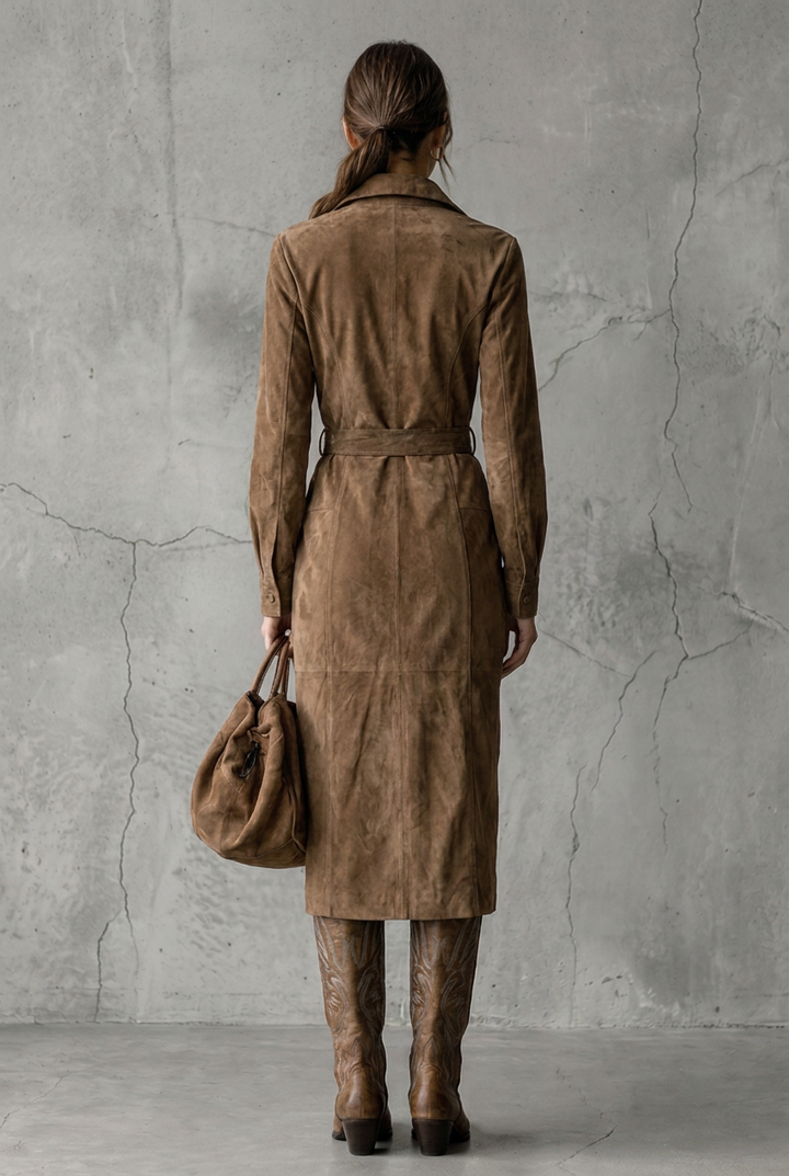 Brown suede lapel long sleeve midi dress - back view