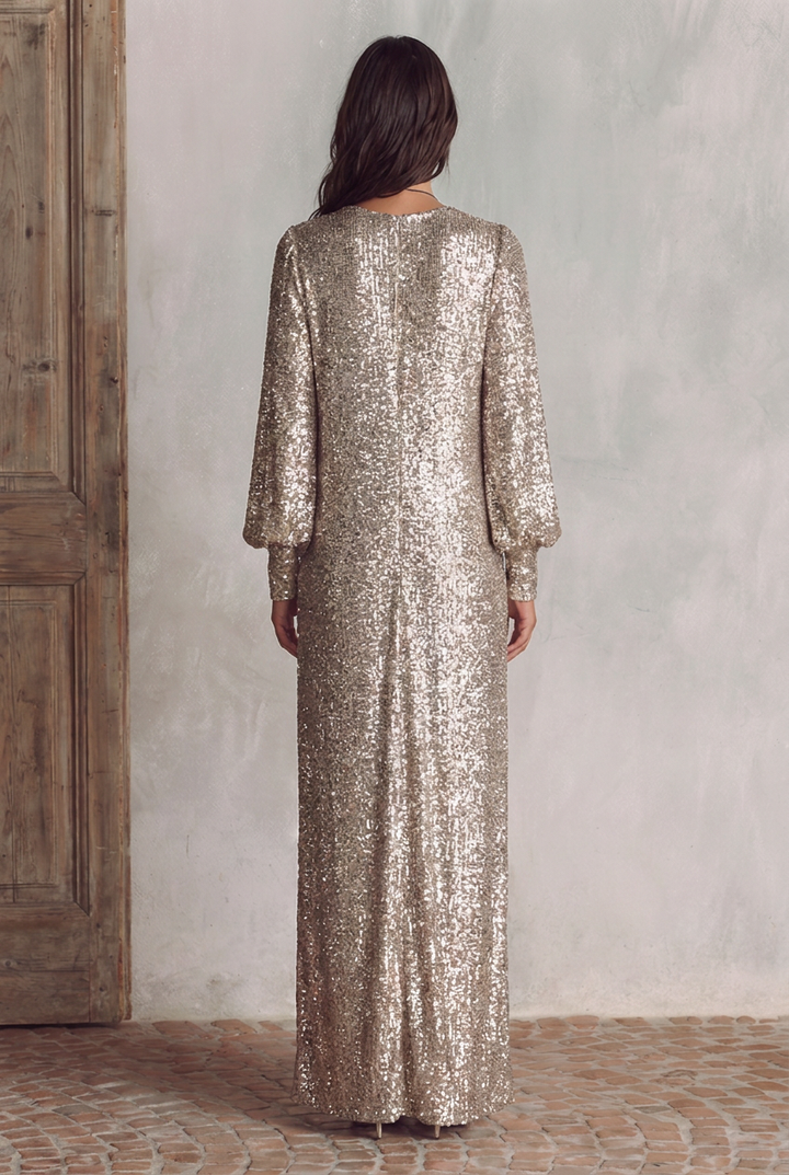 Shimmering V-neck loose maxi party dress - back view