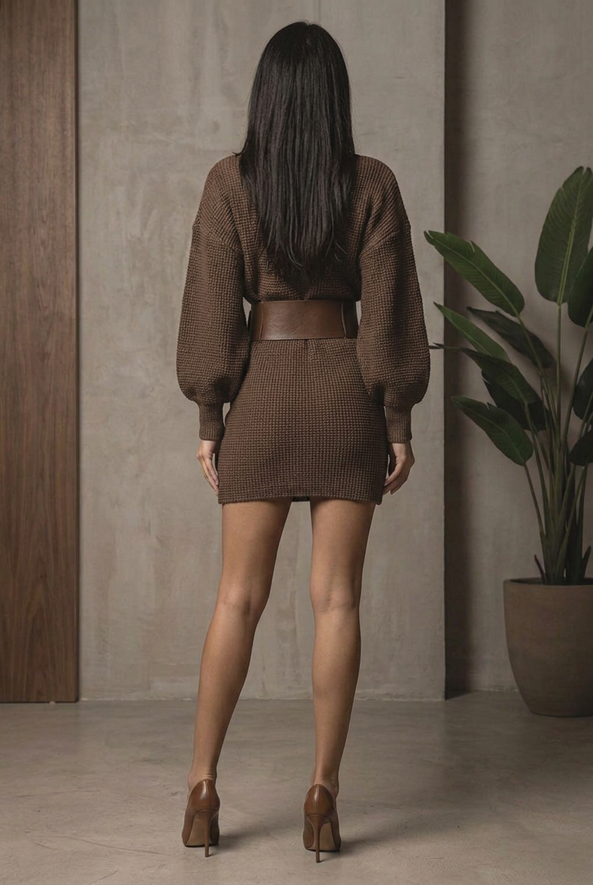 Dark brown knitted mini dress with structured belt - back view