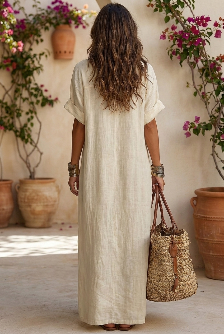Linen blend embroidered short-sleeved shirt maxi dress - back view