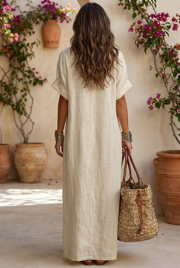 Linen blend embroidered short-sleeved shirt maxi dress - back view