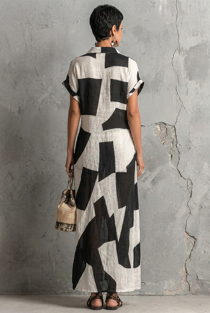 Cotton linen blend maxi shirt dress with irregular geometric print - back view