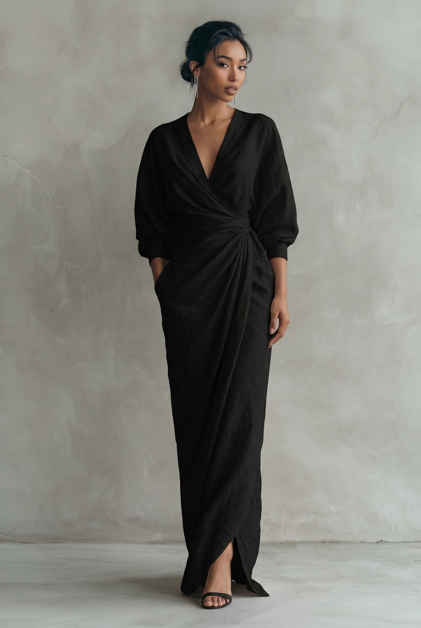 Linen blend V-neck maxi dress in black
