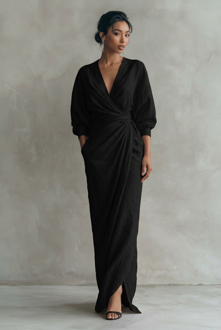 Linen blend V-neck maxi dress in black