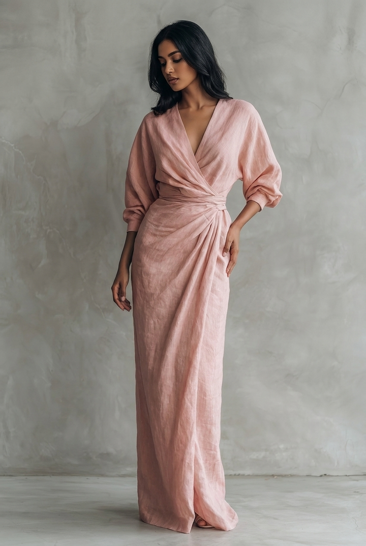 Pink linen blend V-neck maxi dress - front view