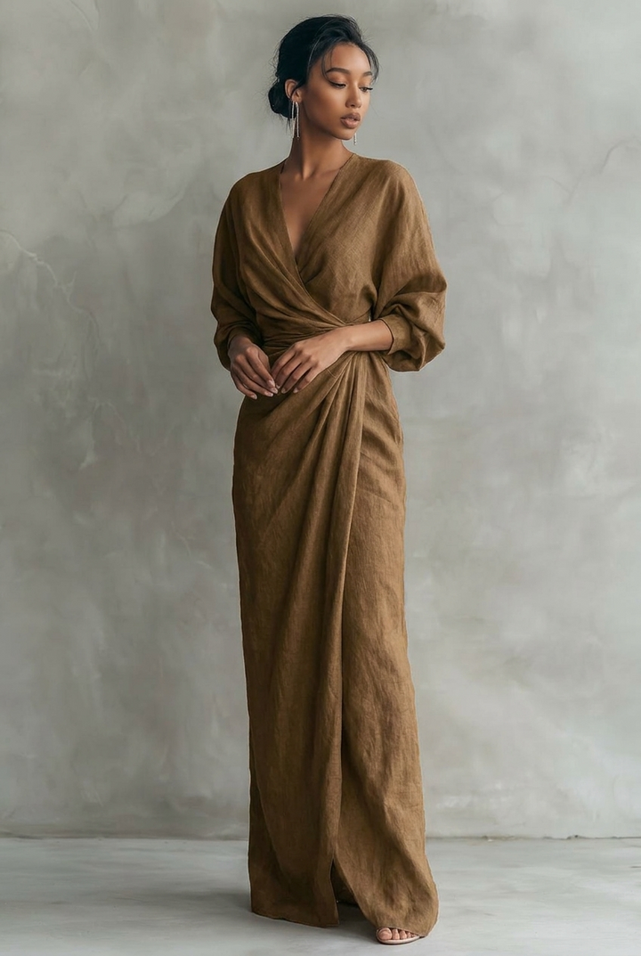 Linen blend V-neck maxi dress in brown