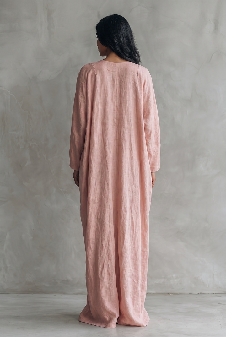 Pink linen blend V-neck maxi dress - back view