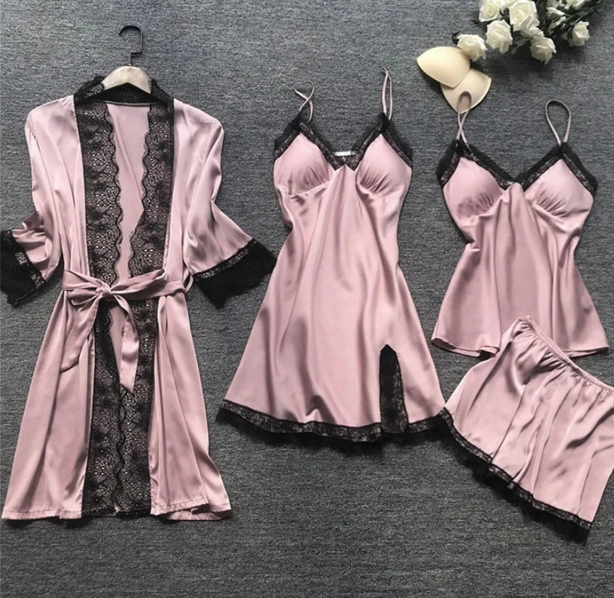 Women's Satin Pajama Set with Lace Trim - Iris Long Sleeve Sleepwear