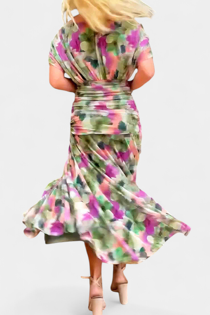 Alondra Long Dress with Floral Fancy Design and Decollete
