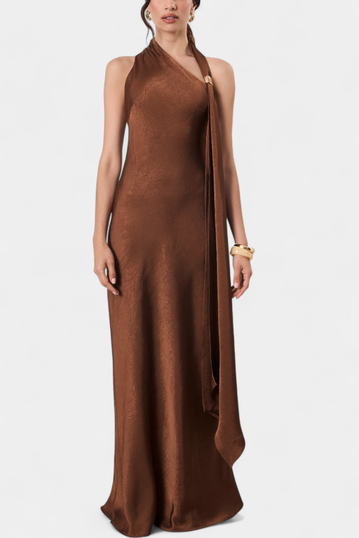 Robina Long Asymmetrical Dress in Bronze – Susan & Michael