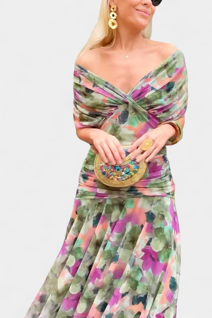 Alondra Long Dress with Fancy Floral Pattern and V-Neckline