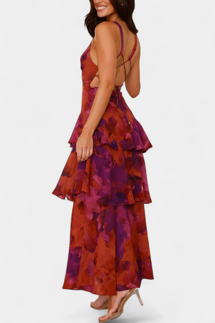 Domenica Chiffon Dress with V-Neckline and Airy Layers
