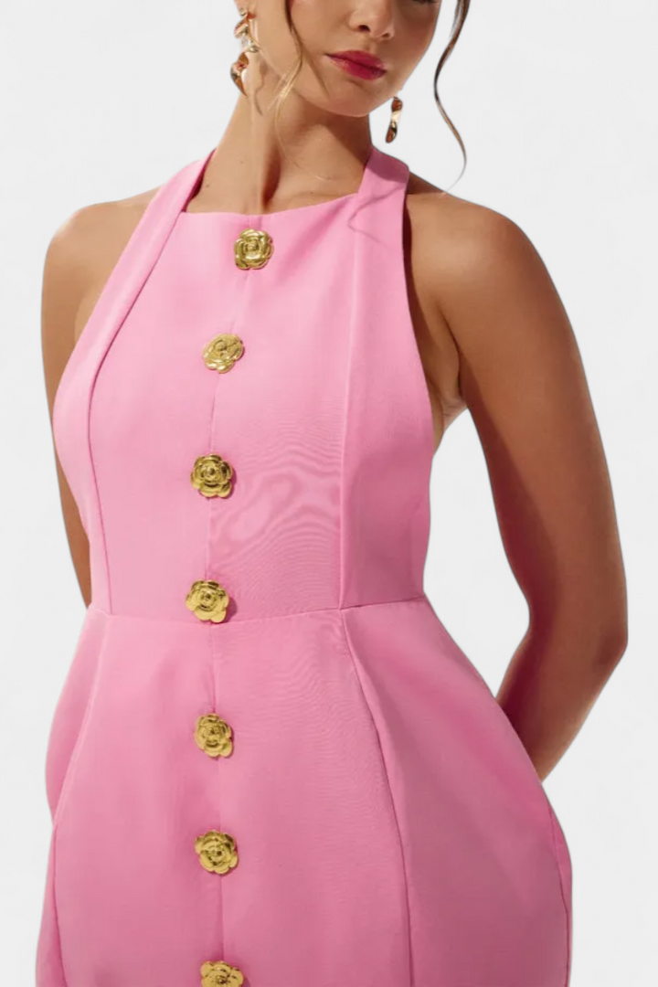 Yvonne Mini Dress with Tie Neck, Open Back and Floral Detail