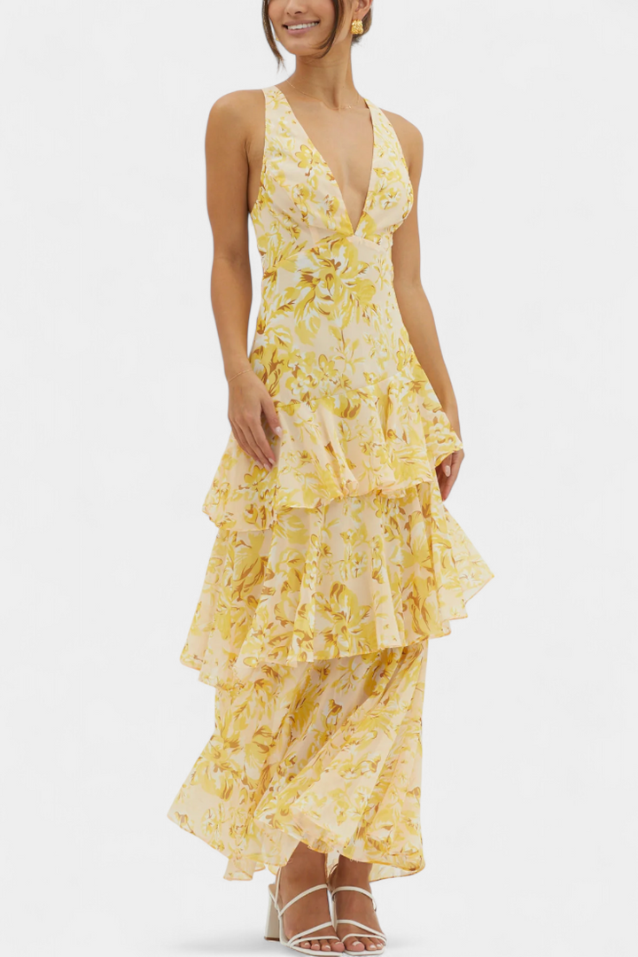 Domenica Chiffon Dress with V-Neckline and Airy Layers