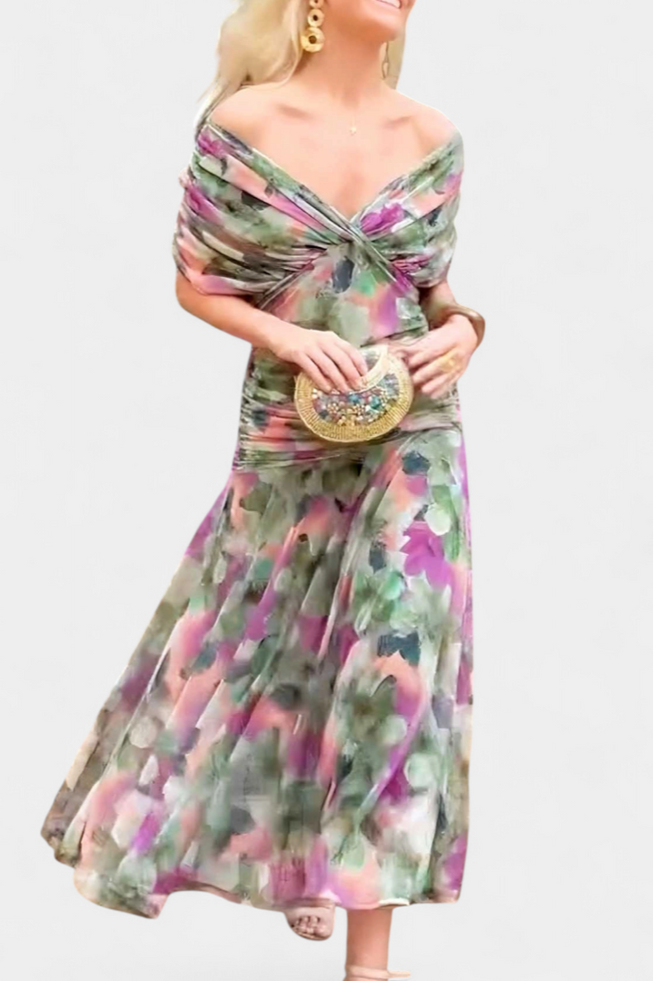 Alondra Long Dress with Floral Fancy Design and Decollete