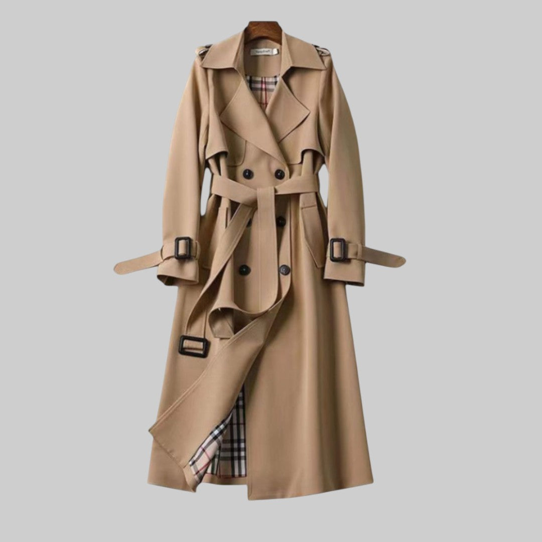 Elegant Trench Coat for Women with Lapel Collar Belted Waist Double Breasted Longline Style
