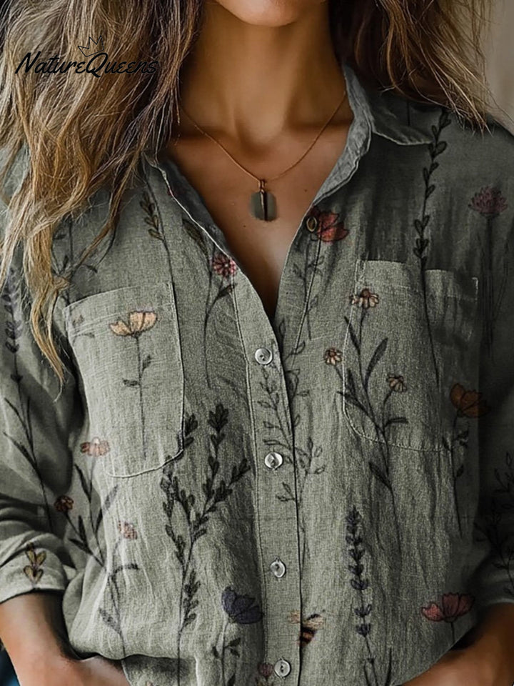 Vintage Style Spring Floral Pattern Printed Women's Casual Long Sleeve Comfortable Cotton Shirt