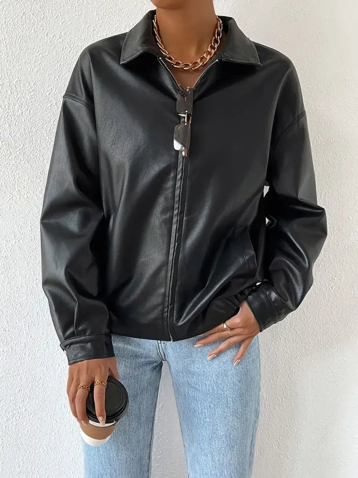 Effortless Black Faux Leather Jacket for Women with Collar Long Sleeve Zip Front Casual Style
