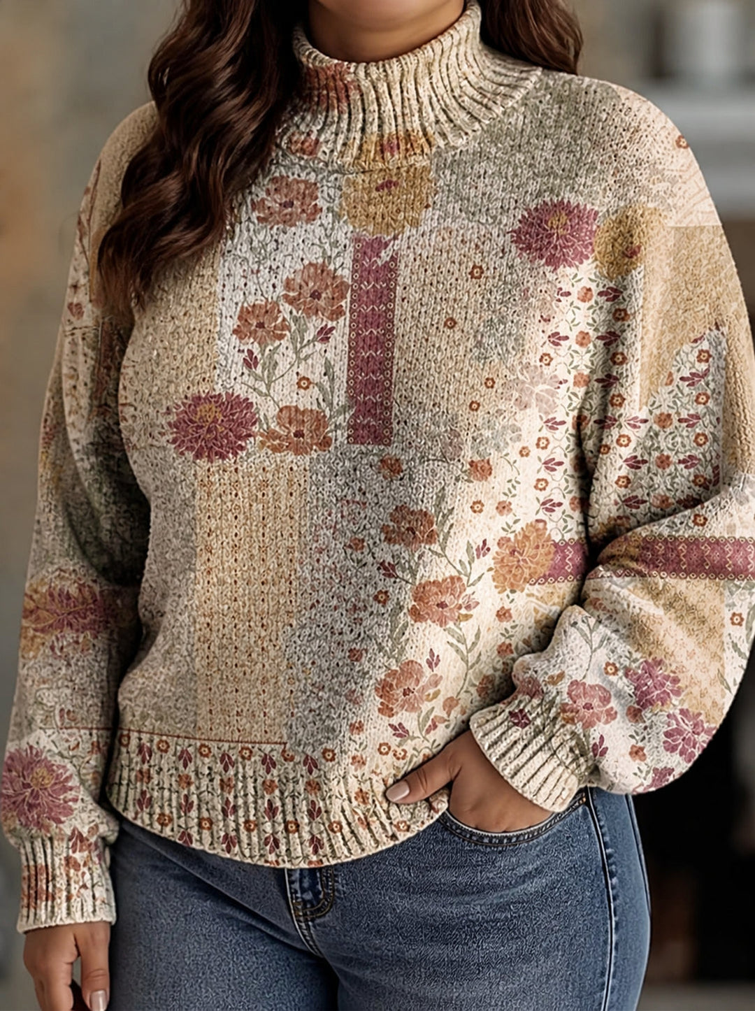 Floral patchwork balloon sleeve turtleneck sweater