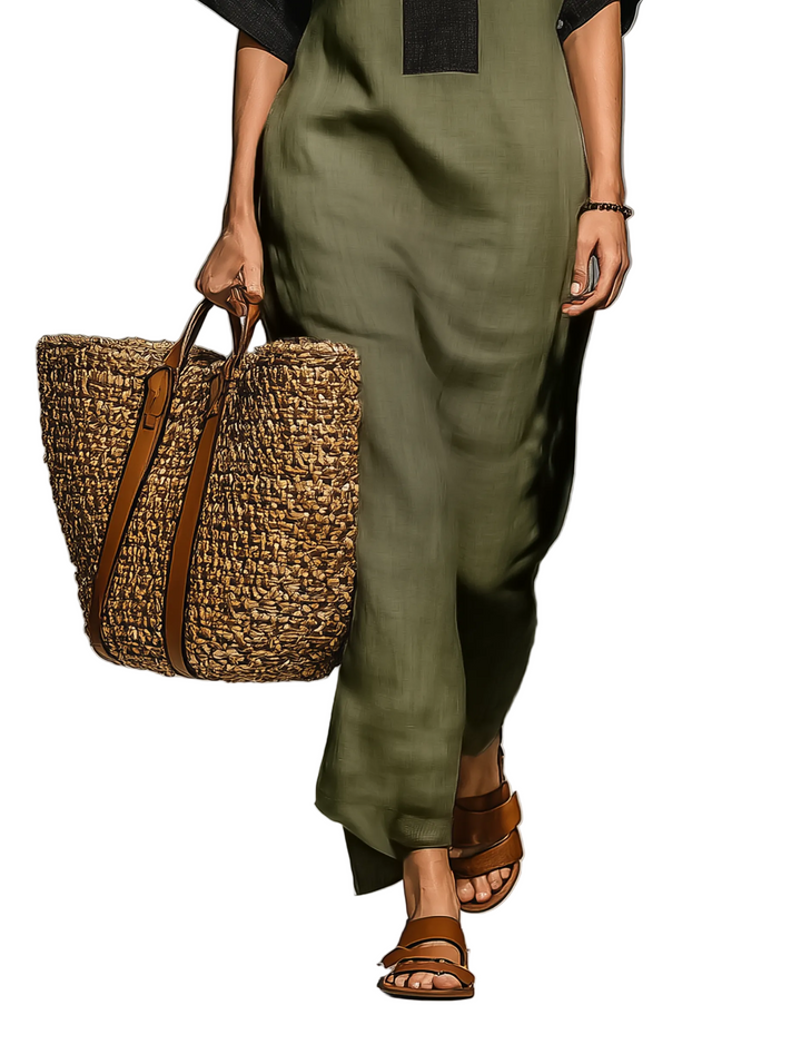 Women's Minimalist Linen Blend Color-blocked Short-sleeved Maxi Dress