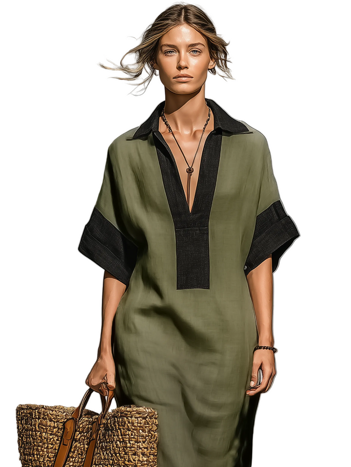 Women's Minimalist Linen Blend Color-blocked Short-sleeved Maxi Dress