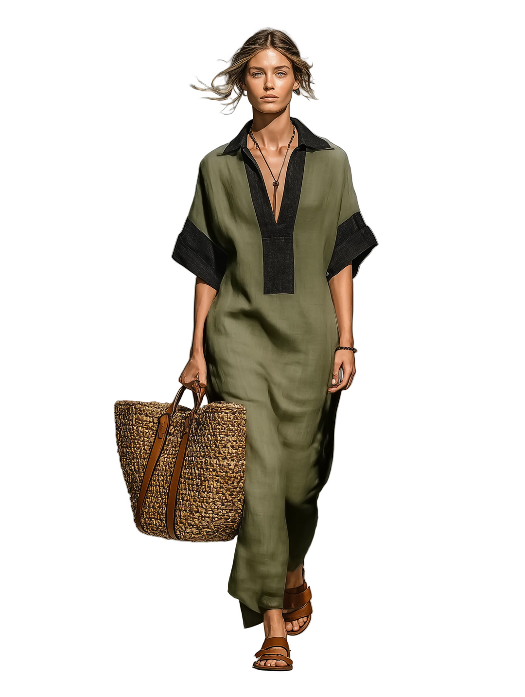 Women's Minimalist Linen Blend Color-blocked Short-sleeved Maxi Dress