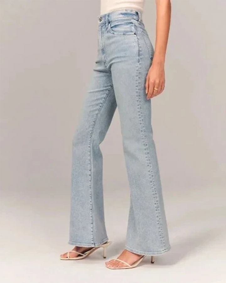 Stylish Blue High Waisted Flare Jeans for Women with Five Pocket Button Front Denim Retro Style