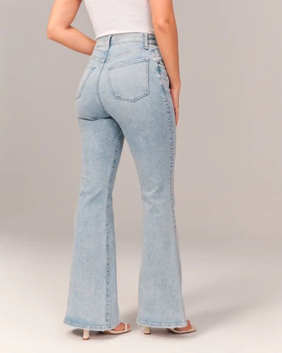 Stylish Blue High Waisted Flare Jeans for Women with Five Pocket Button Front Denim Retro Style