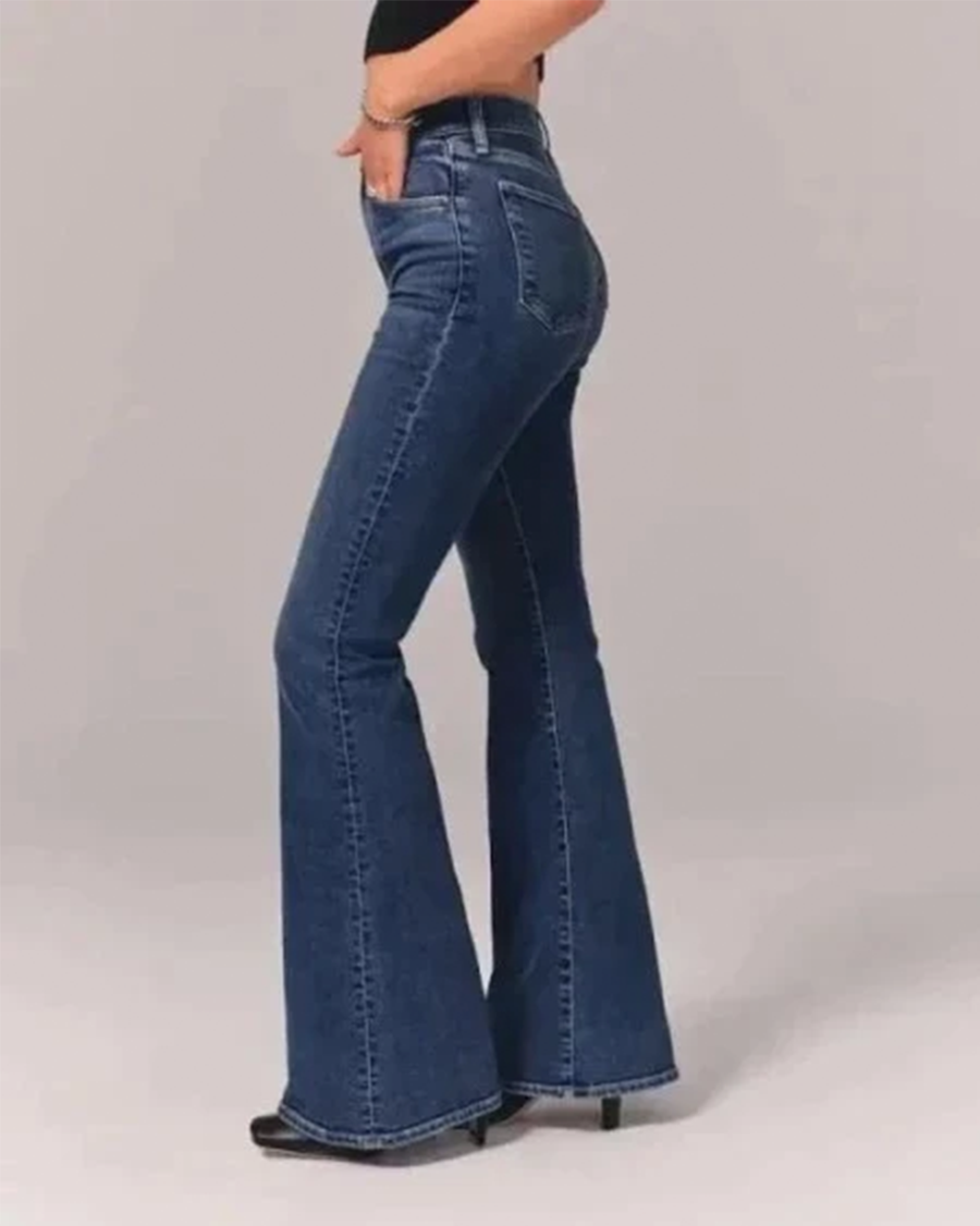 Stylish Blue High Waisted Flare Jeans for Women with Five Pocket Button Front Denim Retro Style