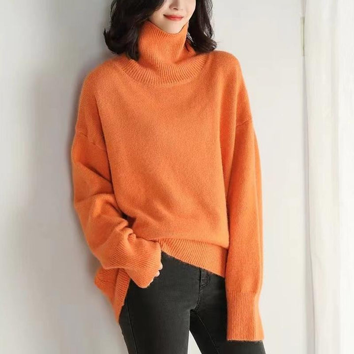 Cozy Beige Sweater for Women with Turtleneck Long Sleeve Oversized Relaxed Knit Style