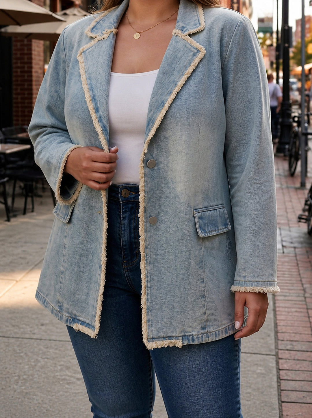 Oversized blazer with raw edge trim in light wash blue