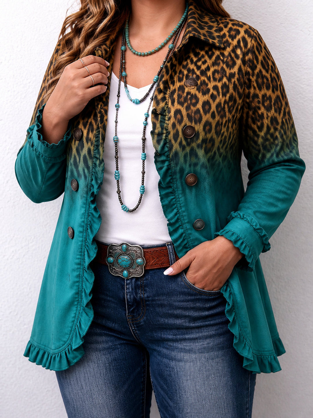 Leopard ombre blazer ruffle cuff detail