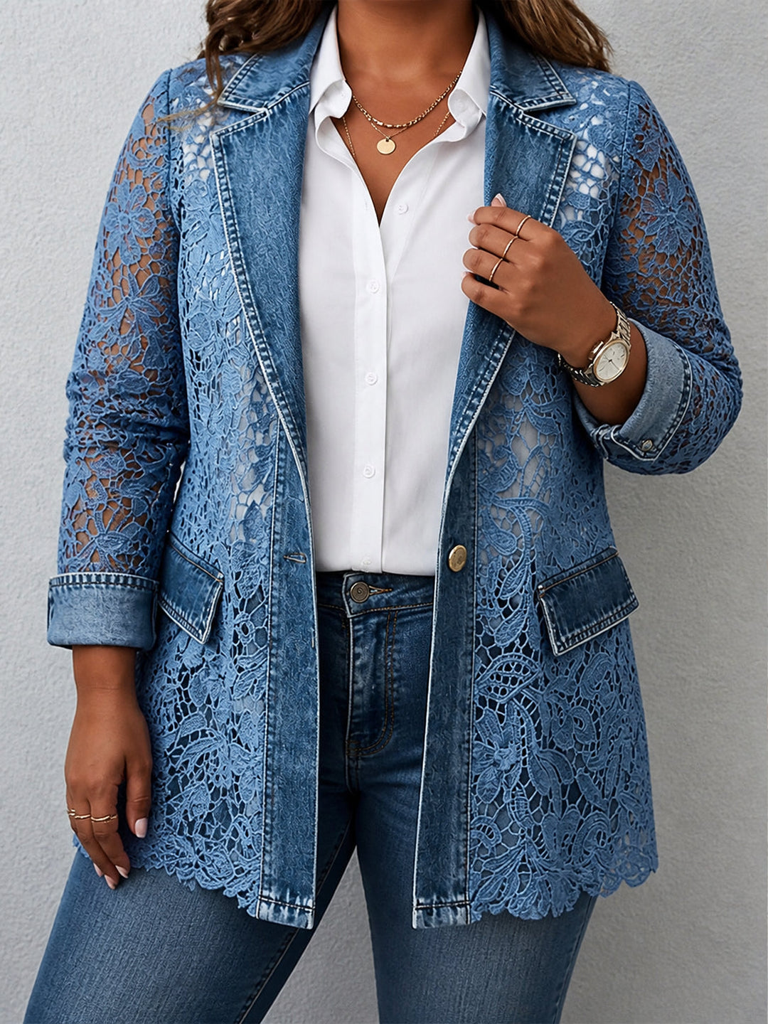 Longline blazer with floral lace panel detail in denim blue