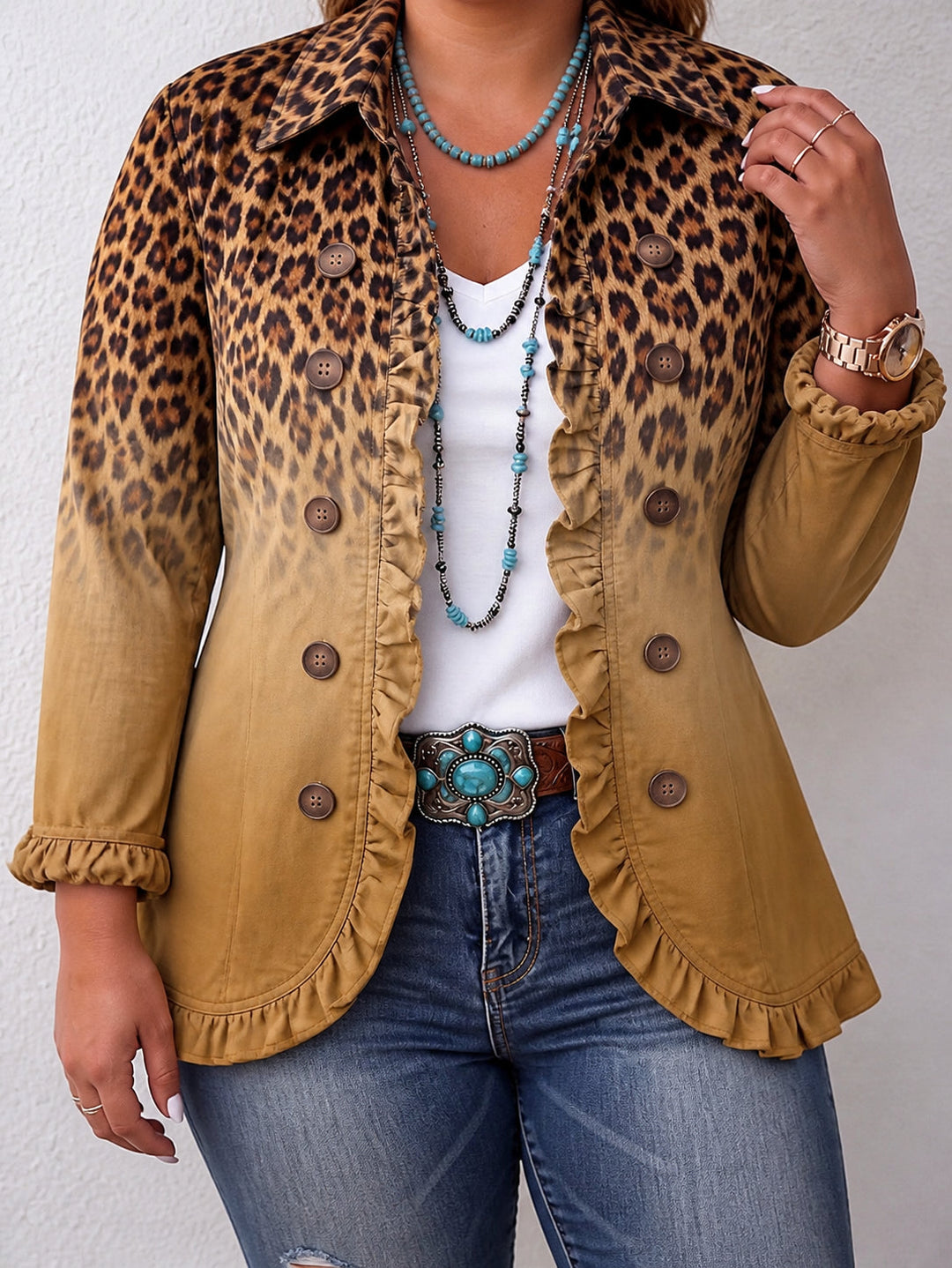 Leopard ombre ruffle trim blazer in green