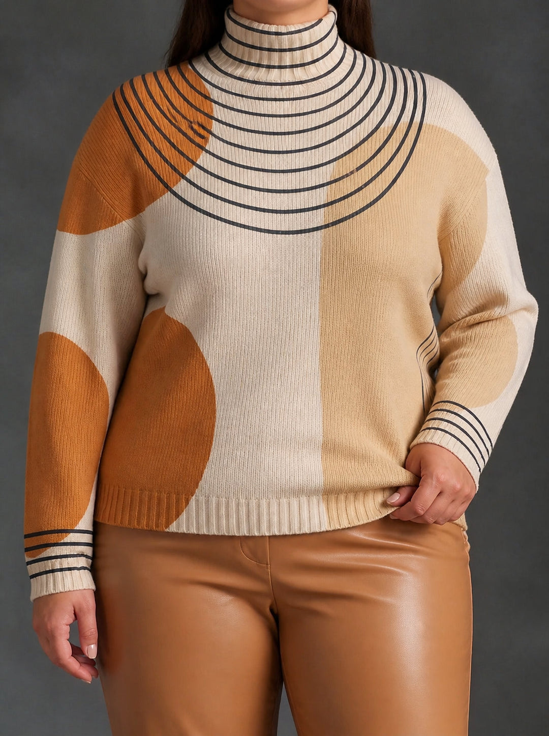 Colorblock ribbed trim turtleneck in cream and camel