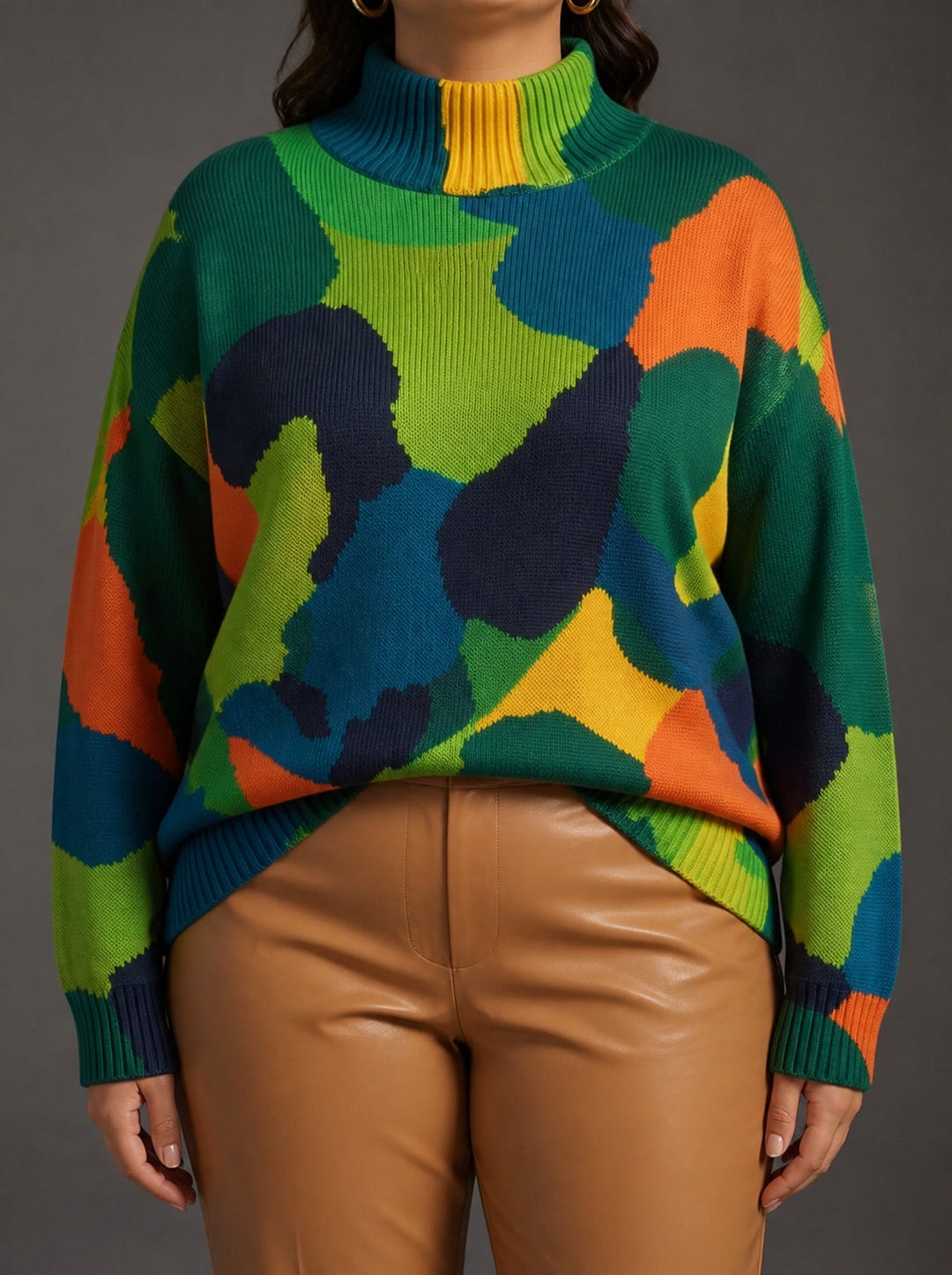 Abstract colour-block oversized turtleneck sweater